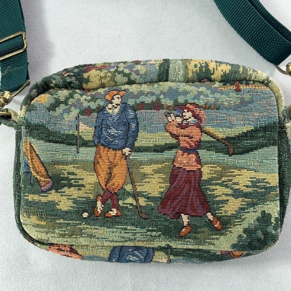 Holdings Fine Accessories Crossbody Bag Women's Green Tapestry Golf Scene - Picture 2 of 11